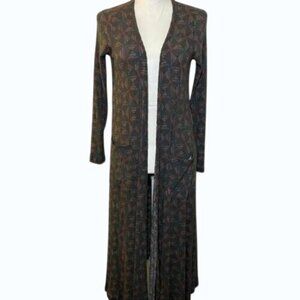 LuLaRoe Sarah Duster Cardigan‎ – Gray Rib Knit, Abstract Print, Pockets, M